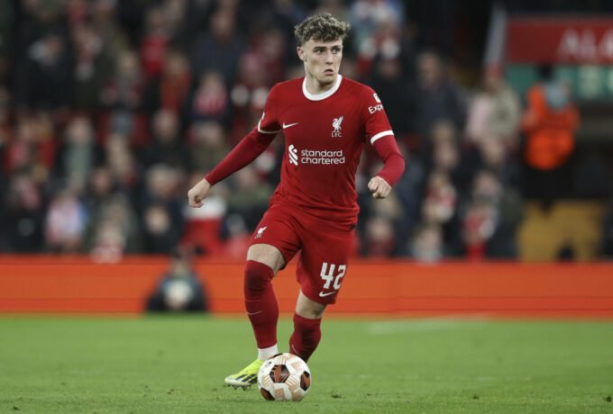 Liverpool FC v AC Sparta Praha: Round of 16 Second Leg - UEFA Europa League 2023/24 Bobby Clark of Liverpool on the ball